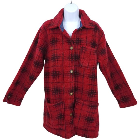 Vintage David Hollis Red Plaid Fleece Button Front Jacket Womens M Long Sleeve - Picture 1 of 13